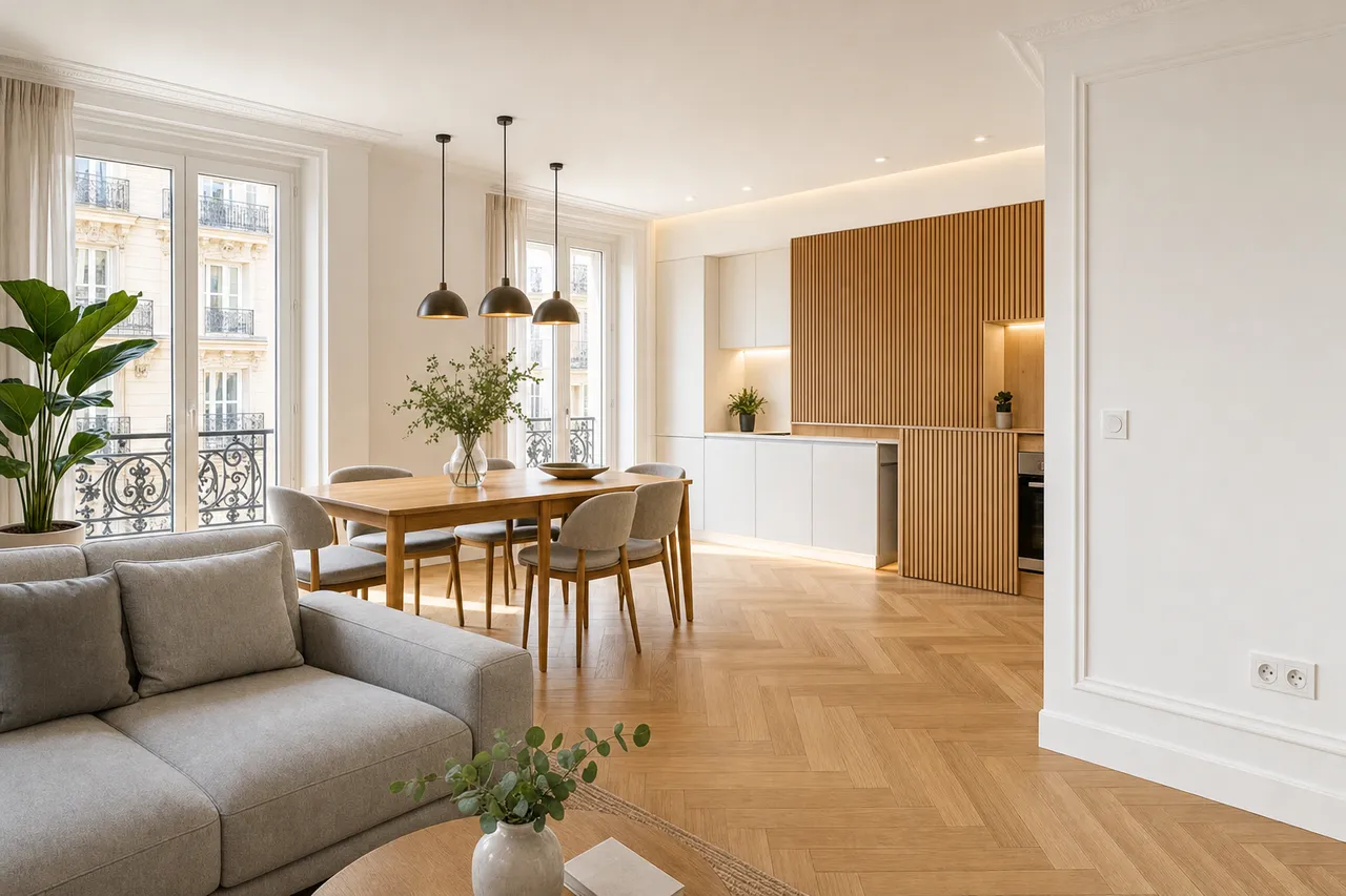 Appartement haussmannien rénové : séjour, coin repas sous trois suspensions et cuisine, prises et spots encastrés neufs