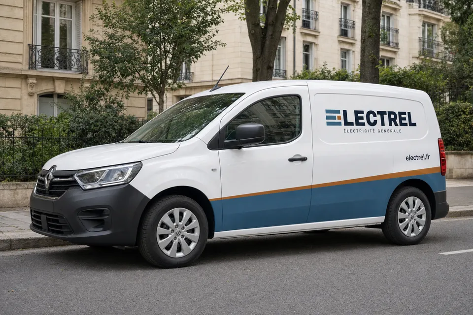 Camionnette Electrel, électricité générale, garée dans une rue de Montrouge